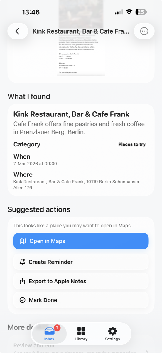 NoteShot result screen showing a place summary with actions like Open in Maps, Create Reminder, Export to Apple Notes, and Mark Done.
